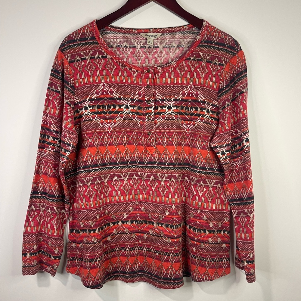 Lucky Brand Red geometric Long Sleeve Top with button neckline.